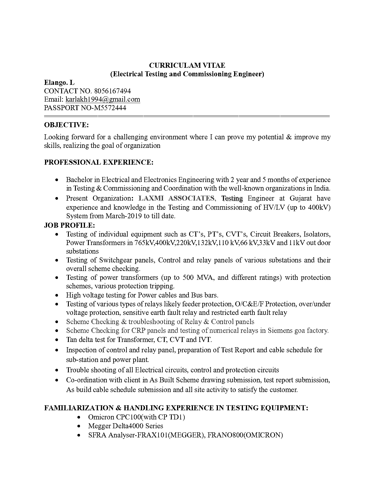 electrical test engineer resume